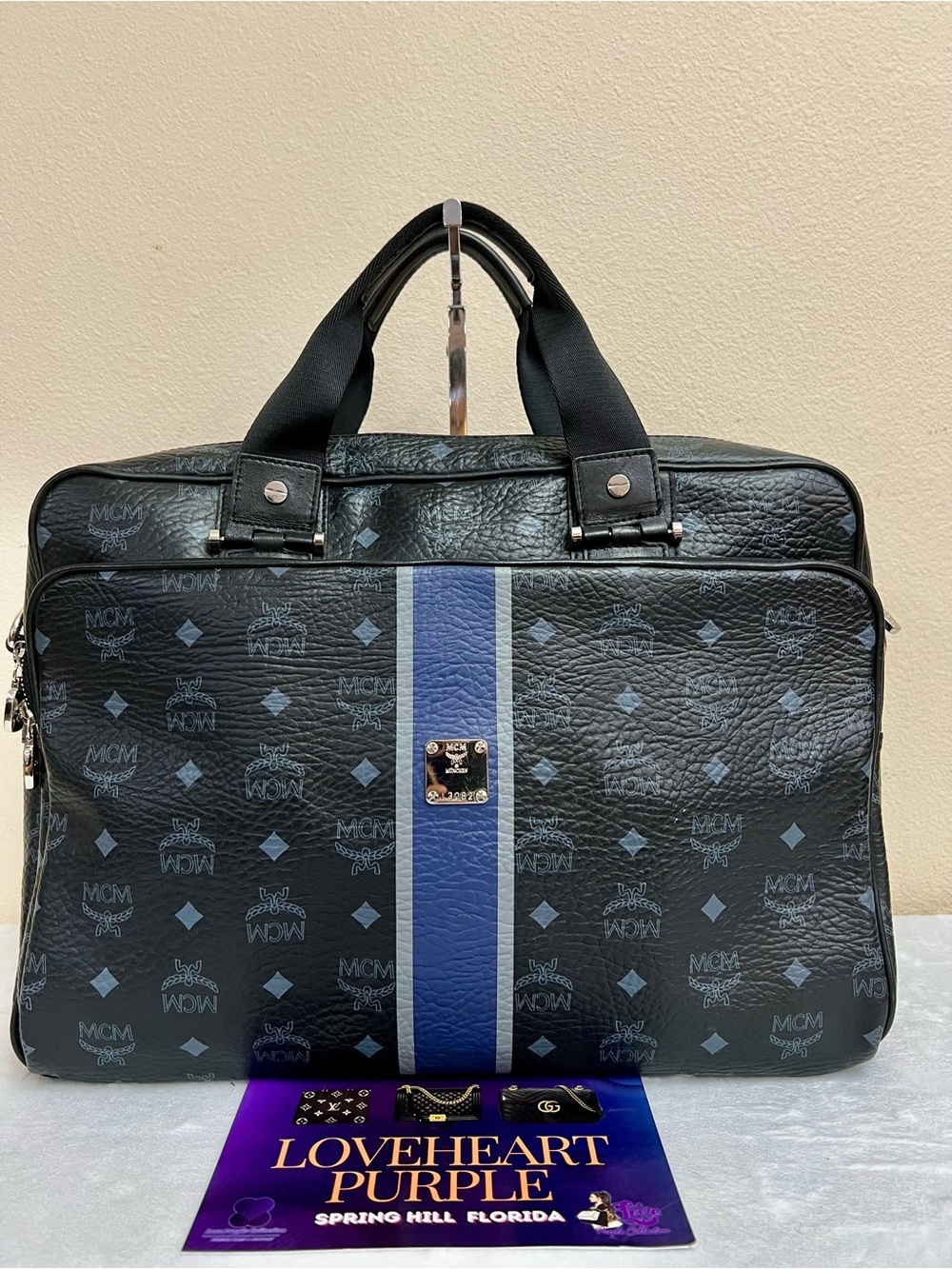 MCM Black and Blue Logo Stripe Briefcase